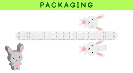Party favor box die cut rabbit design for sweets, candies, small presents, bakery. Package template, great design for any purposes, birthdays, baby showers, pinata. Vector stock illustration.