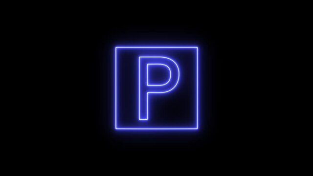 Linear neon animation of blue parcing sign on black background. Motion graphic, 4K video