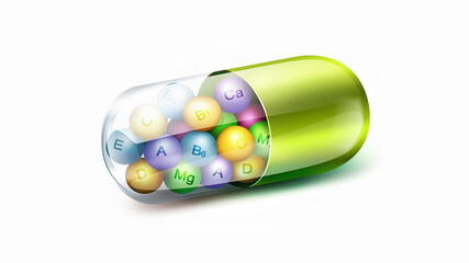 Big green pill with vitamins balls inside