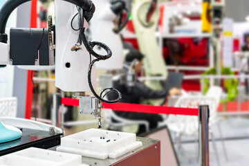 High technology accuracy automation system robot arm with vacuum sucker cup during sorting lift and place or arrange ic chip workpiece in box