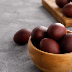 Still life many colorful easter eggs on a textural background. Rustic. Easter celebration concept.