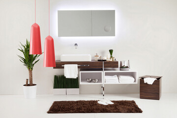 Fototapeta na wymiar clean bathroom style and interior decorative design, wooden cabinets