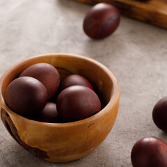 Still life many colorful easter eggs on a textural background. Rustic. Easter celebration concept.