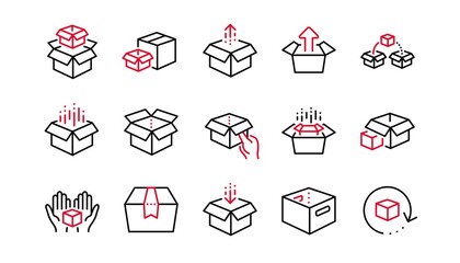 Box line icons. Package, delivery boxes, cargo box. Cargo distribution, export boxes, return parcel icons. Shipment of goods, open package. Linear set. Linear set. Quality line set. Vector