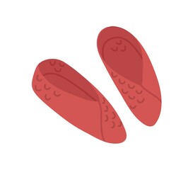 Pair of closed knitted winter slippers isolated on white background. Cozy home wool shoes. Woolen comfy footwear. Colored flat vector illustration of trendy warm soft footgear