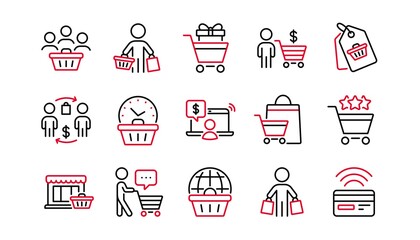 Buyer customer line icons set. Contactless payment card, shopping cart and group of people. Store, buyer loyalty card, client ranking set icons. Shopping timer, online payment, currency. Vector