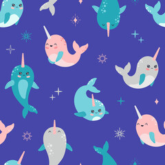 Kawaii smiling narwhal seamless pattern, cute baby whale. Marine life, wild ocean animal with horn in pastel color, modern trendy vector flat cartoon illustration in Scandinavian style blue background