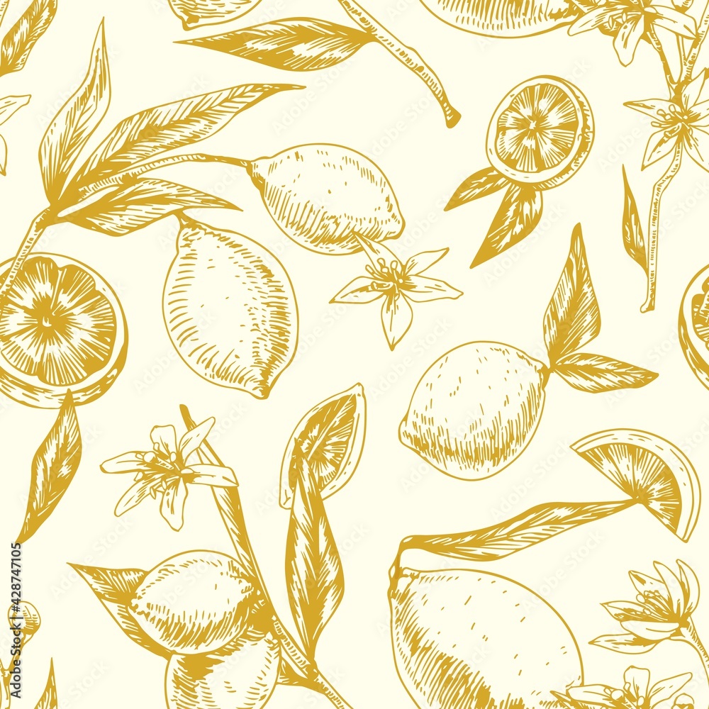 Poster seamless monochrome pattern with citrus fruits on blooming lemon tree branches with leaves. endless 