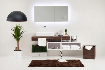 clean bathroom style and interior decorative design, wooden cabinets