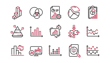 Charts and graphs line icons. Infochart, Block diagram and Algorithm. Presentation linear icon set Linear set. Quality line set. Vector