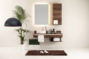 clean bathroom style and interior decorative design, wooden cabinets