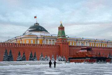 View of Red Square on a frosty winter morning. Lenin's Mausoleum building (The inscription is...