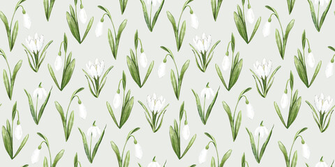 Seamless botanical pattern with snowdrop flowers. Delicate floral background. Handmade watercolor drawing. Template design for textiles, interior, clothes, wallpaper