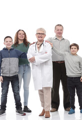 happy family and their family doctor standing together.