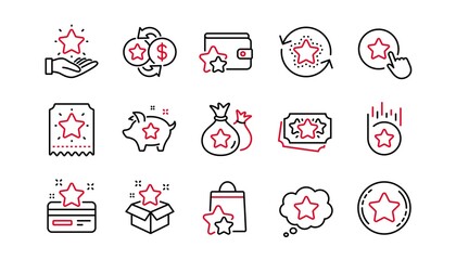 Loyalty program line icons. Bonus card, Redeem gift and discount coupon signs. Lottery ticket, Earn reward and winner gift icons. Linear set. Linear set. Quality line set. Vector