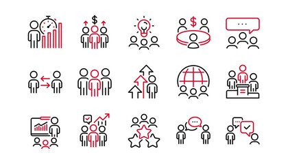 Obraz premium Meeting line icons set. Conference, seminar discussion, classroom. Team, work and business idea icons. Classroom job, people management. Presentation, office meeting, consultation. Linear set. Vector