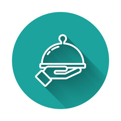 White line Covered with a tray of food icon isolated with long shadow background. Tray and lid sign. Restaurant cloche with lid. Green circle button. Vector