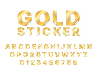 Fototapeta na wymiar Sticker gold font. Paper golden alphabet curl corners, peel off elements, metal folding foil trendy latin letters and numbers, unstuck steel capitals. Typeface vector isolated set