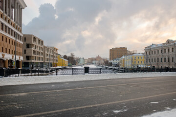 View of the Pig-iron Bridge drainage channel in Moscow on a frosty winter morning