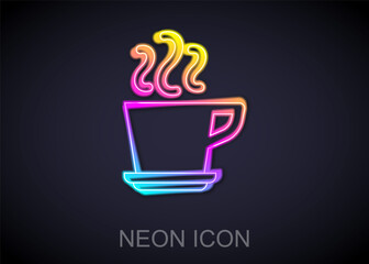 Glowing neon line Coffee cup icon isolated on black background. Tea cup. Hot drink coffee. Vector