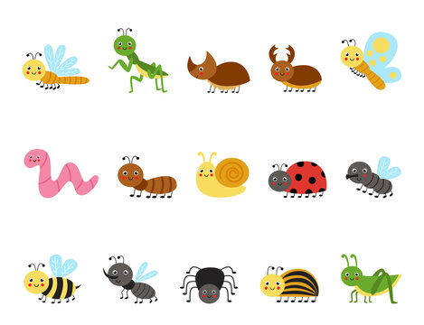 Set of cute cartoon insects. Vector illustrations.