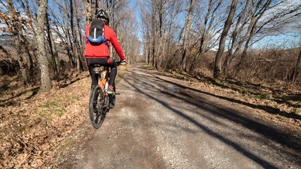 Fototapeta na wymiar Cyclist riding a bike in the mountains.