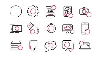 Recovery line icons. Backup, Restore data and recover file. Laptop renew, drive repair and phone recovery icons. Linear set. Linear set. Quality line set. Vector
