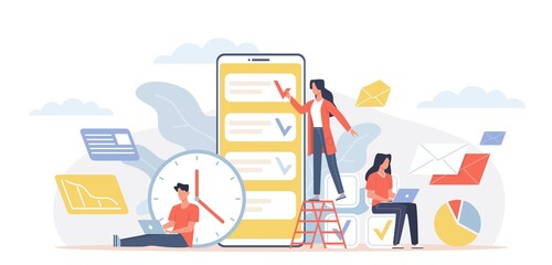 Time management. Office teamwork around big smartphone, to-do list mobile app screen, people with laptop, man and woman activity planning. Teamwork organization process vector concept