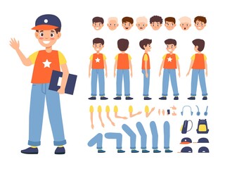 Kid constructor. Boy character various faces, poses and emotions, body parts positions and hairstyles, quick change possibility. Schoolboy with book backpack and smartphone vector set