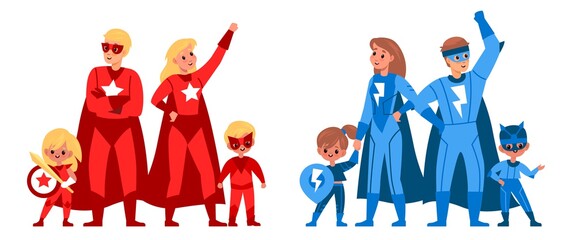 Superhero family. Children and parents in heroes red and blue suits and capes, standing together powerful team. Super mother and father, son and daughter. Strong man, woman and kids vector concept