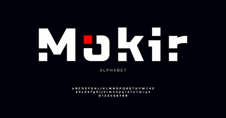Minimal creative modern alphabet font. Fashion minimalistic font with square inserts. Vector modern digital sans serif font, uppercase and lowercase symbols.