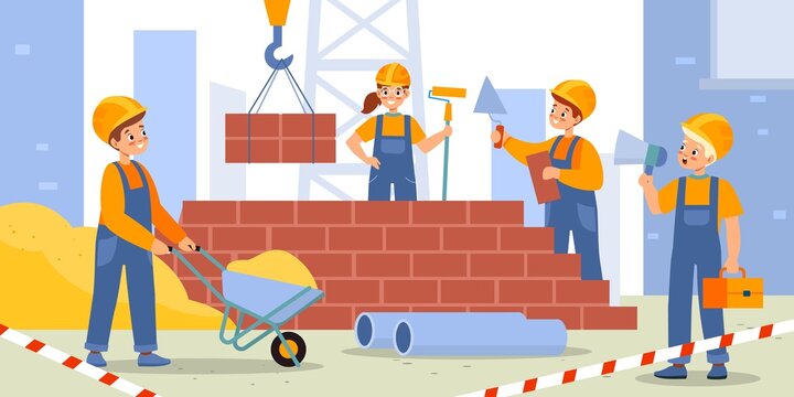 Children build house. Kids construction site, happy boys and girls in workers uniform and helmets, young builders erecting house. Cute teens teamwork, architecture vector cartoon concept