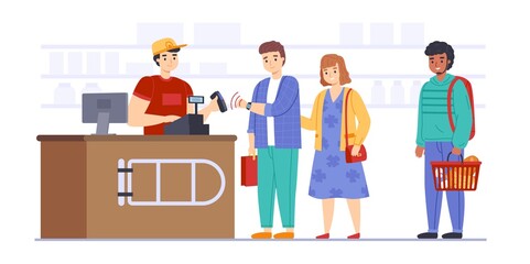 Contactless payment. People at shop or supermarket checkout, man and woman make transaction using electronic wristband, apps interaction, customer queue. Vector cartoon isolated concept