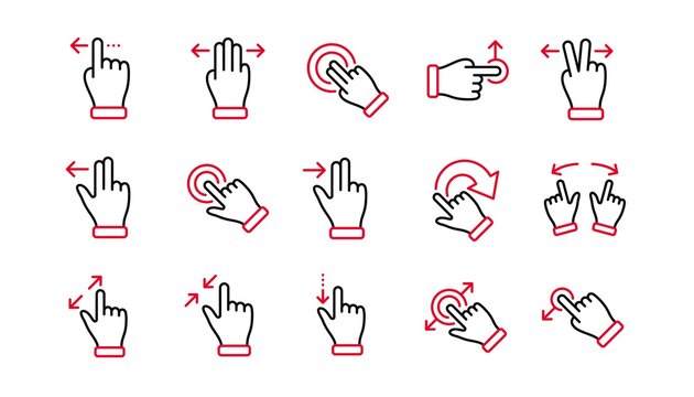 Touchscreen gesture line icons. Hand swipe, Slide gesture, Multitasking icons. Touchscreen technology, tap on screen, drag and drop. Linear set. Linear set. Quality line set. Vector