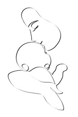 Mother is carying of her newborn baby. Woman embracing little child, abstract portrait drawing with lines, quick sketch, motherhood concept, illustration for t-shirt, print design, covers, web