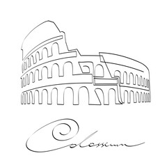 Colosseum - symbol of Rome and Italy, continuous line drawing. Coliseum - ancient theater, cultural, architectural and historical italian sight, ideal for minimalist postcard, poster or t-shirt design