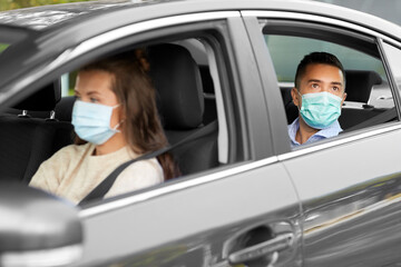 transportation, health and people concept - female driver driving car with male passenger wearing face protective medical mask for protection from virus disease