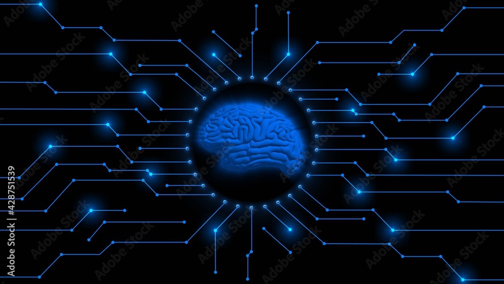 Poster human brain symbolic for ai artificial intelligence centered into information connecting lines - abs