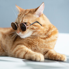 Fashion red tabby cat wearing sunglasses posing indoor. Gorgeous fluffy adorable young pet.