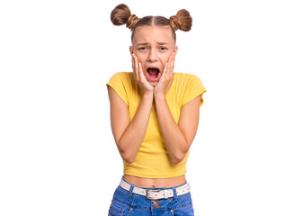 Emotional portrait of scared girl teenager, looking surprised with fear in her eyes. People and...