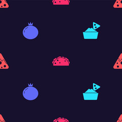 Set Nachos in bowl, Tomato, Taco with tortilla and on seamless pattern. Vector