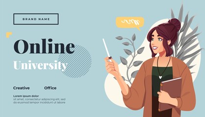 Landing page template for online courses, distance education, Internet studying, training. Yong female teacher having a lesson. Vector illustration - obrazy, fototapety, plakaty