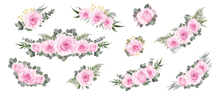 Collection of flower arrangements. Pink roses, eucalyptus, various plants and flowers, asiatic buttercup