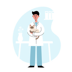 Veterinarian standing and holding thai cat on vet interior background