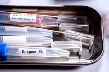 Detail of DNA sampling tubes in Laboratory forensic equipment, conceptual image