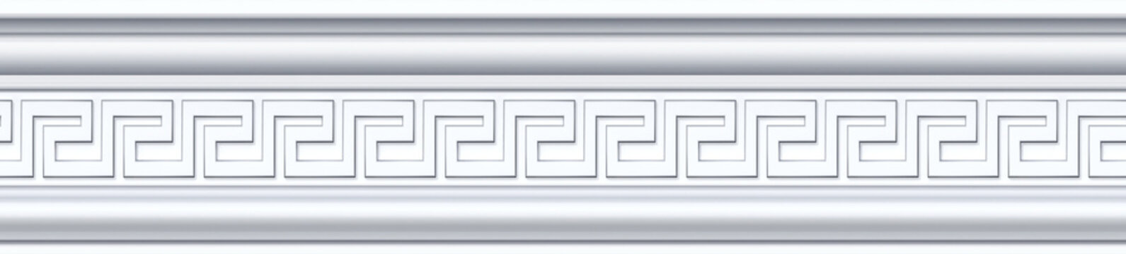 Seamless pattern of white classic mold cornice with classic meander ornament for interior wall design. Repeating gypsum plaster frieze for ceiling decoration frame