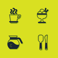 Set Coffee cup, Knife and spoon, pot and Ice cream in bowl icon. Vector