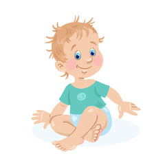 A cute little baby is sitting on the floor. In cartoon style. Isolated on white background. Vector illustration