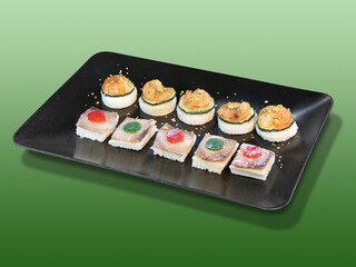 Assorted canape with shrimp and zucchini, homemade party food