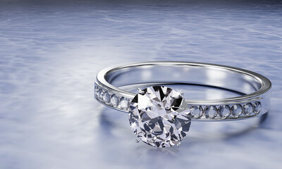 The large diamond is surrounded by many diamonds on the ring made of platinum gold placed on a gray background. Elegant wedding diamond ring for women.  3d rendering